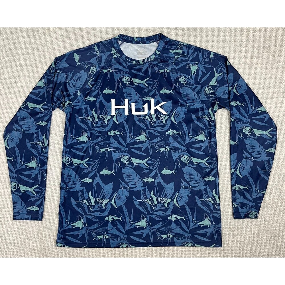 HUK Fishing Shirt Men's Size Medium Blue Long Sleeve Lightweight All Over Print